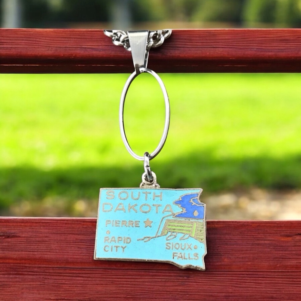 🆕 South Dakota Oval Drop Pendant Necklace Enamel/Stainless Steel